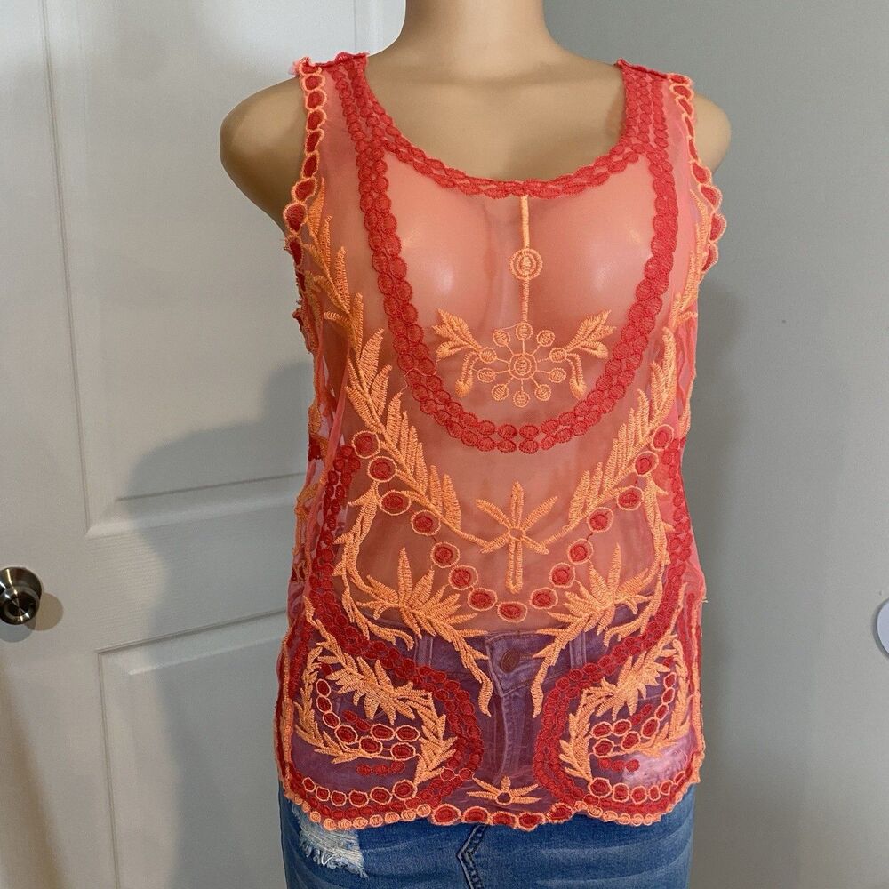 Cupio floral embroidered top womens S/M babydoll cami y2k orange boho fairy